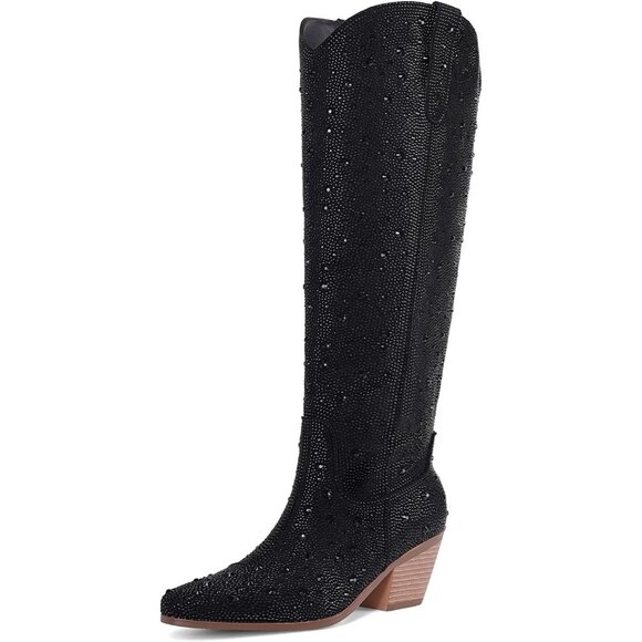 ⚡Women's Black Ankle Boots Western Booties Rhinestone Chunky Heel Fashion - Picture 1 of 9